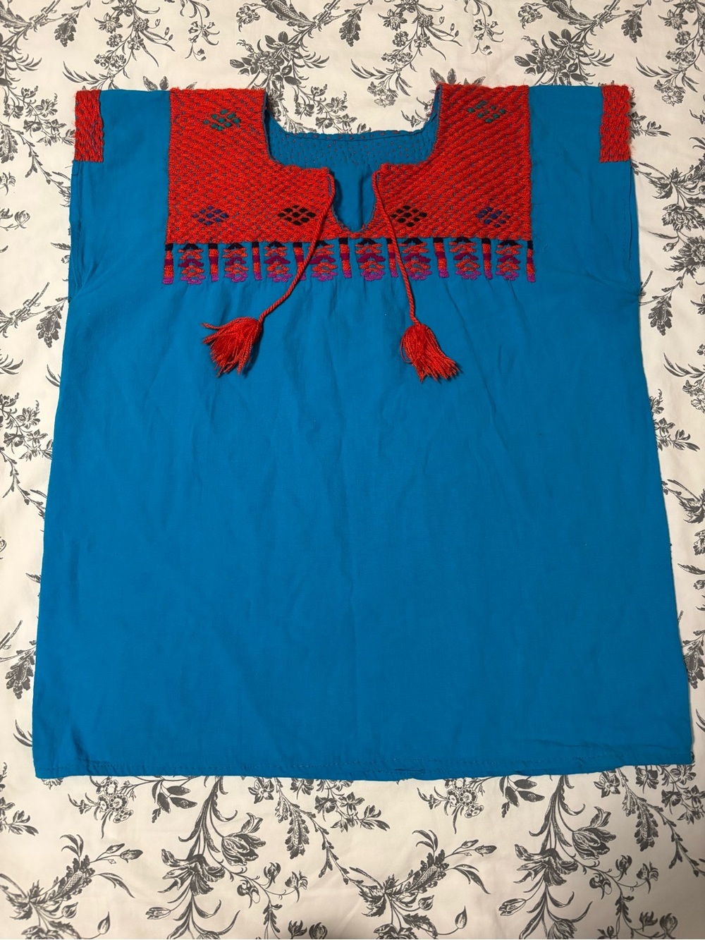 Hand-Embroidered Blue Peasant Top with Red Yoke